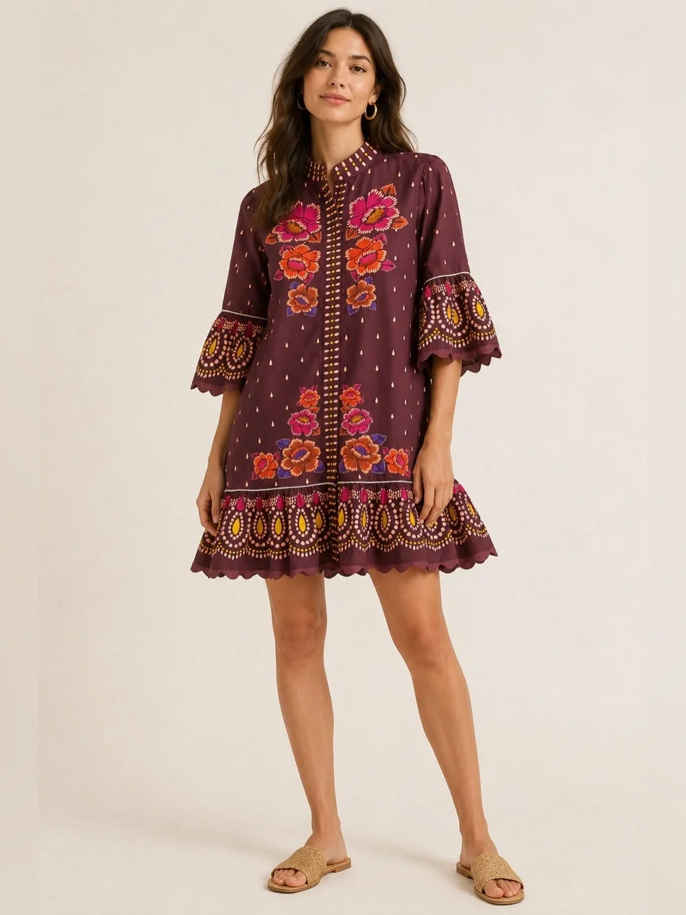 Farm Rio Floral Print Mini Dress Bell Sleeve Ruffle Hem Boho XS